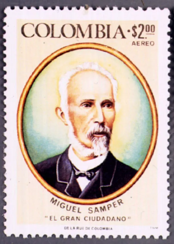 Estampilla de 1976 en honor del “Gran Ciudadano”, Miguel Samper Agudelo (1825 -1899). Abogado, político y estadista, Samper fue uno de los más duros y lúcidos críticos de la política monetaria de los gobiernos de la Regeneración.