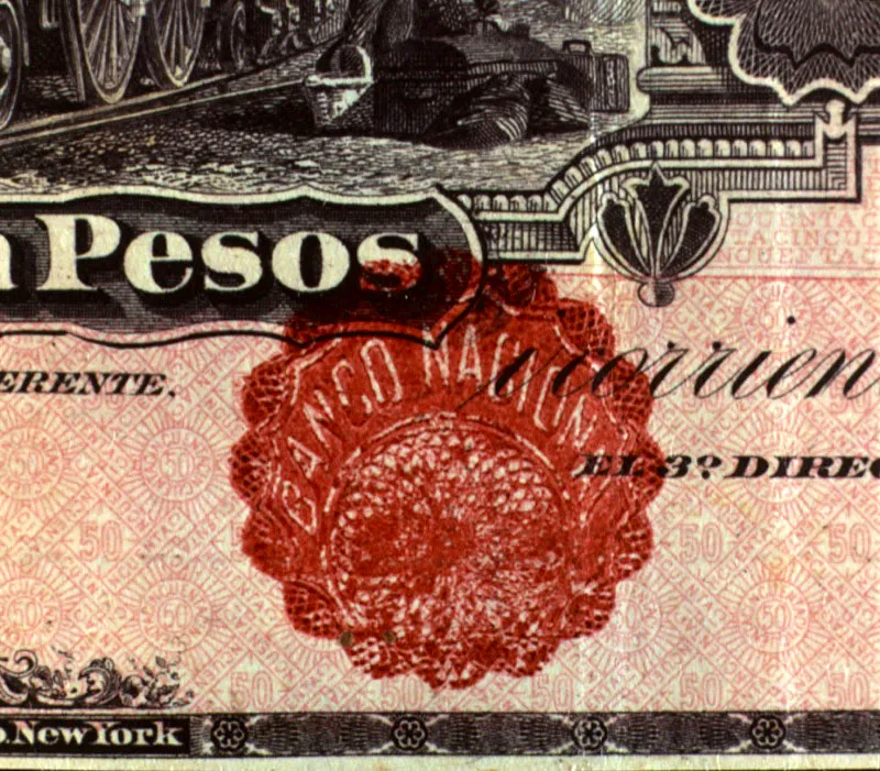 Detalle un billete con resello del Banco Nacional. Al salir de circulación la banca privada, el Banco Nacional aprovechó estos billetes, resellándolos.