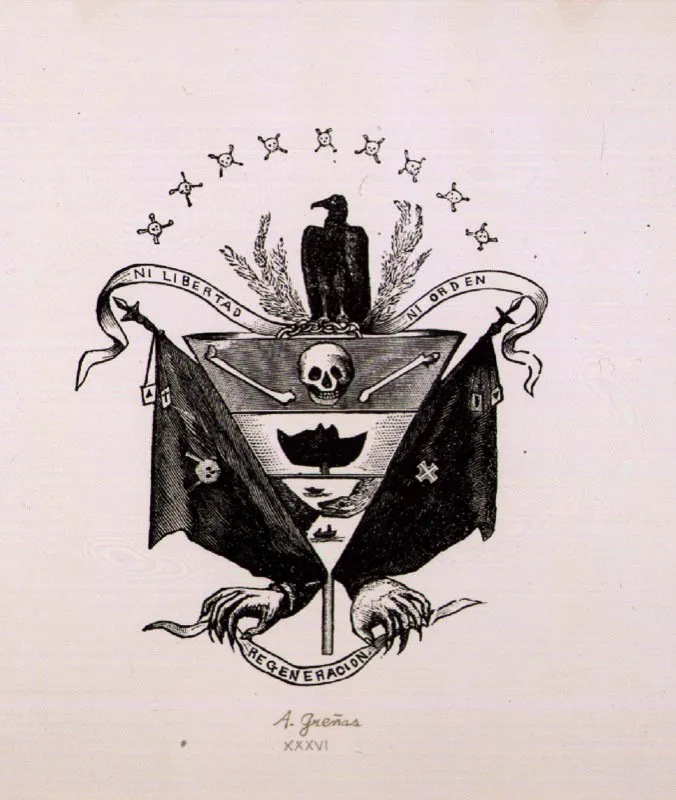 Escudo de la Regeneración, según Greñas, publicado en El Zancudo, 1890. Clara muestra de la oposición que ciertos sectores de la nación hacían a los gobiernos de la Regeneración.
