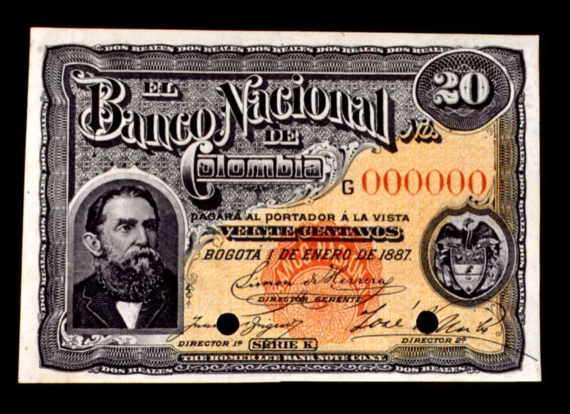 Retrato de Rafael Núñez en billete de 20 centavos del Banco Nacional, 1887.