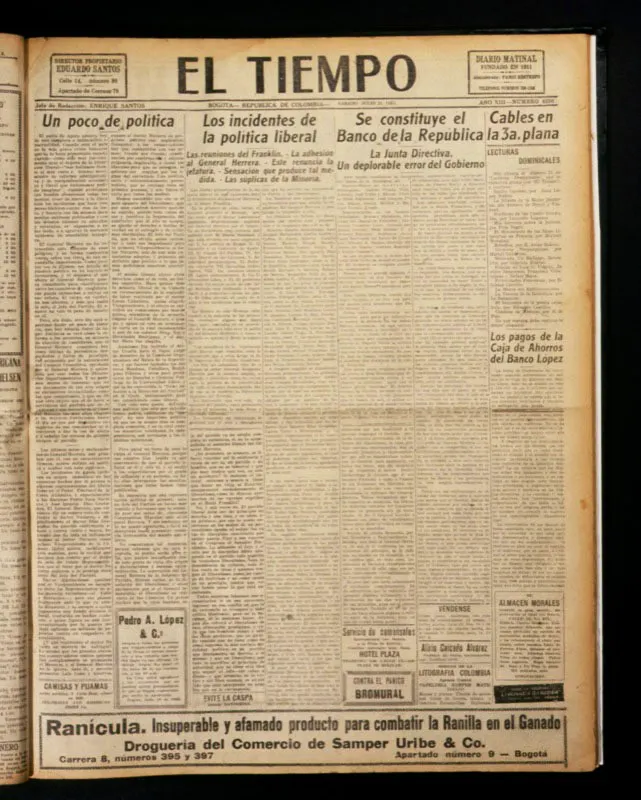 Noticia de la fundación del Banco de la República y de la exclusión de liberales en la primera junta directiva. El Tiempo, 21 de julio de 1923.