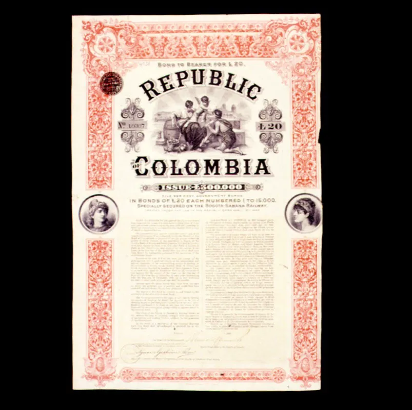 Bono inglés por los Ferrocarriles de la Sabana, 1906. De veinte libras esterlinas cada uno, la emisión total fue de trescientas mil.