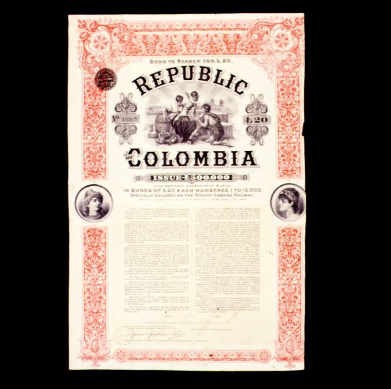 Bono ingls por los Ferrocarriles de la Sabana, 1906. De veinte libras esterlinas cada uno, la emisin total fue de trescientas mil.  