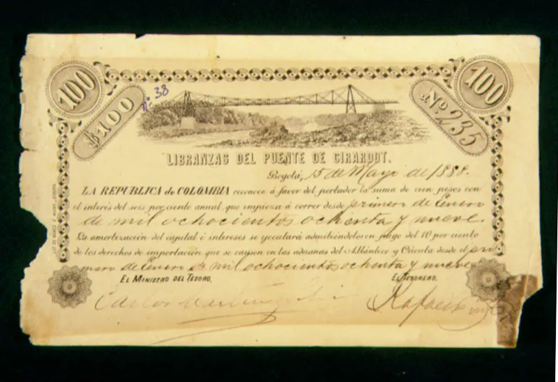 Libranza del puente de Girardot por 100 pesos, firmada por Carlos Martínez Silva como ministro del Tesoro de Carlos Holguín.