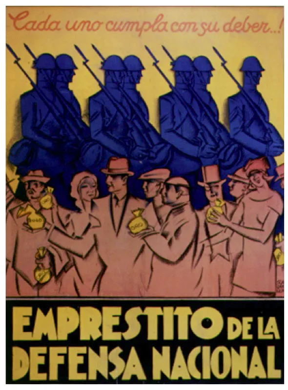 Durante la Guerra con el Per el Gobierno Nacional convoc la solidaridad ciudadana para financiar el conflicto. Emprstito de la Defensa Nacional, afiche promocional de Scandroglio.
 