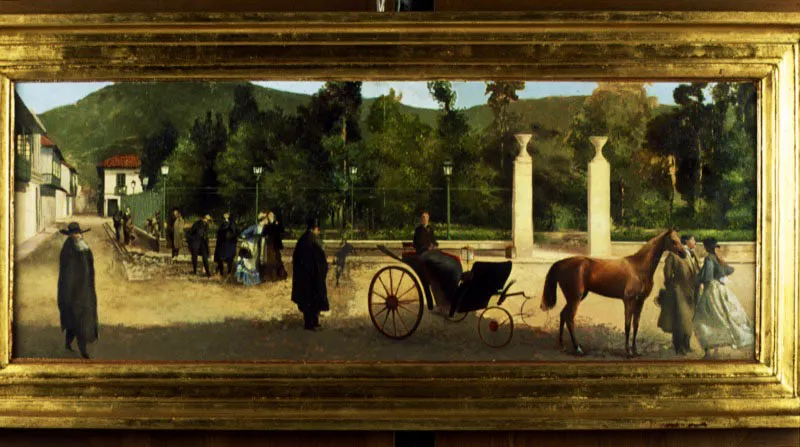 Parque de Santander a finales del siglo XIX, según óleo de Juan Cárdenas (1976). En el costado sur de este parque se levantaría, a mediados del siglo XX, el actual edificio del Banco de la República.