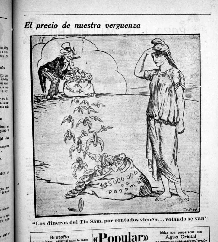 Caricatura del Tío Sam y Colombia. La fundación del Banco de la República fue viable gracias al primer pago, a mediados de 1922, de la indemización acordada con el gobierno norteamericano por la separación de Panamá.