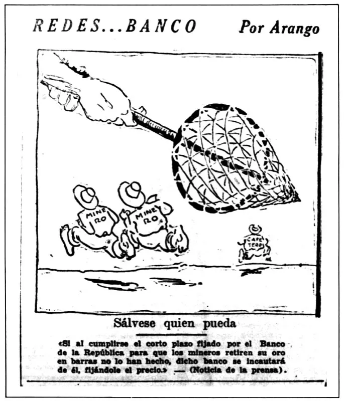 Caricatura alusiva a la imposición del control de cambios en 1931. Caricatura de Rendón.