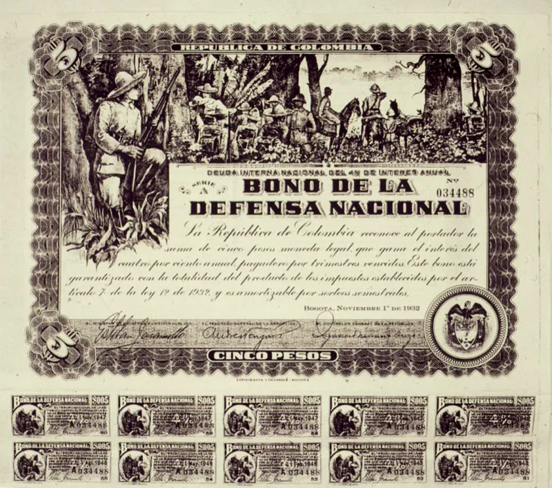 Bono de la Defensa Nacional, emitido el 1 de noviembre de 1932, firmado por Esteban Jaramillo, ministro de Hacienda de Enrique Olaya Herrera.