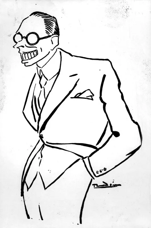 Alfonso Lpez Pumarejo (1886-1959). Caricatura de Rendn. Poltico y estadista liberal, Presidente de la Repblica en los perodos 1934-1938 y 1942-1945. Activo en la poltica, los negocios bancarios, la diplomacia y el periodismo, impuls el retorno de su partido al poder. Como Presidente propuso la Revolucin en Marcha, reformadora de la constitucin. Con apoyo popular reorganiz la educacin pblica, el sistema impositivo y la economa. Su segundo mandato se vio torpedeado por la oposicin conservadora y las restricciones de la Segunda Guerra Mundial.  