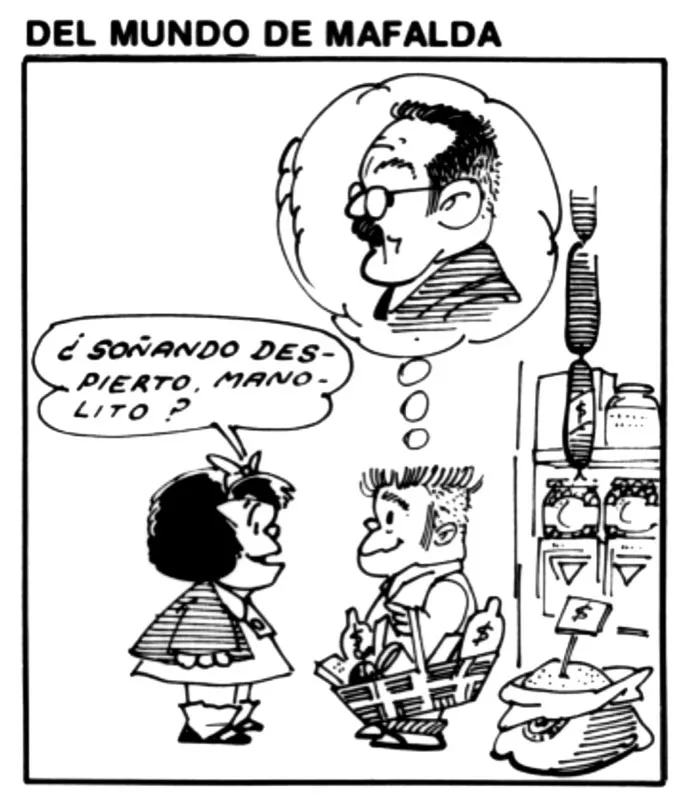 Caricatura de Hctor Osuna. En esta parodia de Mafalda, la tira cmica de Quino, Manolito, el hijo del tendero, no suea con ser Rockefeller sino Abdn Espinosa Valderrama, ministro de Hacienda de los presidentes Carlos Lleras y Alfonso Lpez Michelsen. 