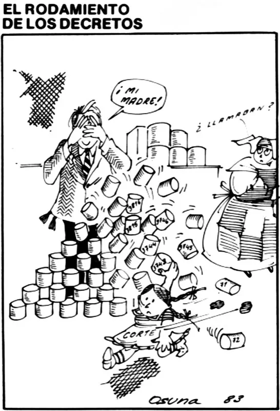 “El rodamiento de los decretos”, caricatura de Héctor Osuna en El Espectador, raíz de la declaratoria de inexequibilidad de los decretos de emergencia económica del Gobierno de Belisario Betancur.