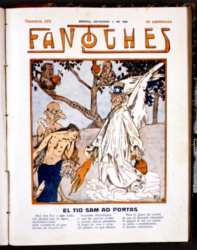 Caricatura aparecida en Fantoches, 1929: el presidente Miguel Abadía Méndez y Esteban Jaramillo, acusados de impulsar una prosperidad al debe, son expulsados del paraíso del despilfarro por el Tío Sam. Desde un árbol, observan la escena Peñuela y Renjifo, ministros de Abadía.