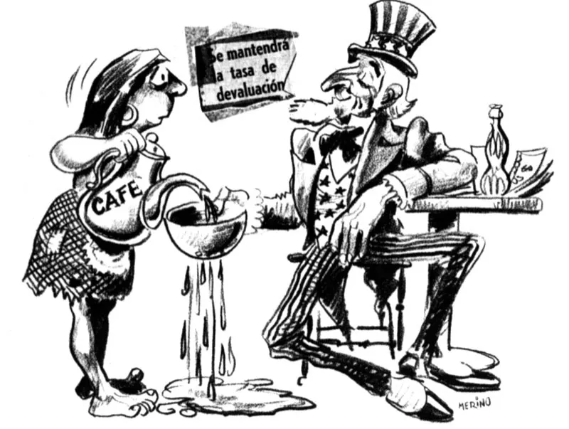 El Tío Sam y la tasa de devaluación del café, caricatura de Merino. El Tiempo, marzo 3 de 1971.
