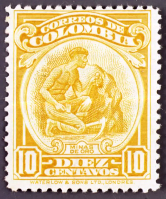 La alegoría de “El Minero”, de Francisco Antonio Cano, sirvió tanto para la acuñación de una moneda en 1915 como para una emisión filatélica en 1932.