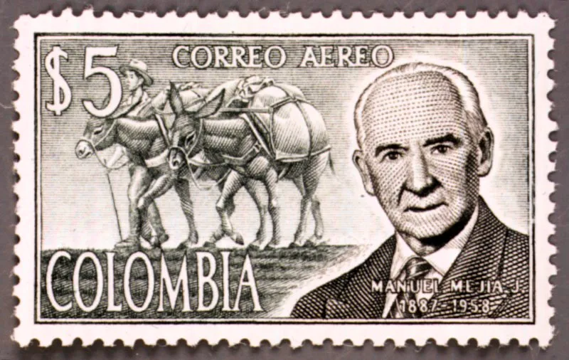 Manuel Meja Jaramillo (1887-1958) en estampilla de 5 pesos, con tema alusivo a la exportacin de caf. Gerente por muchos aos de la Federacin de Cafeteros y como tal influyente dirigente en el diseo de la poltica macroeconmica hasta fines de los aos 50. 