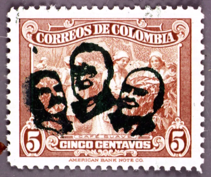 Estampilla con tema cafetero y sobresello con los rostros de Stalin, Roosevelt y Churchill, para celebrar el fin de la Segunda Guerra Mundial, 1945.