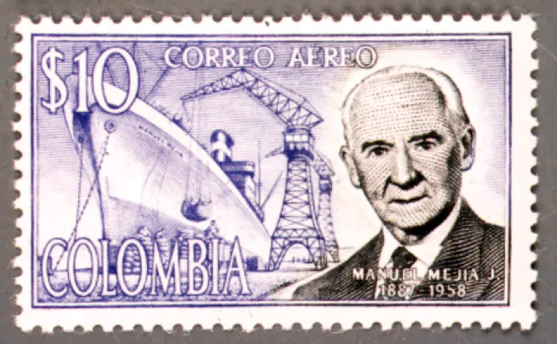 Manuel Meja Jaramillo (1887-1958) en estampilla de 10 pesos, con tema alusivo a la exportacin de caf. Gerente por muchos aos de la Federacin de Cafeteros y como tal influyente dirigente en el diseo de la poltica macroeconmica hasta fines de los aos 50. 