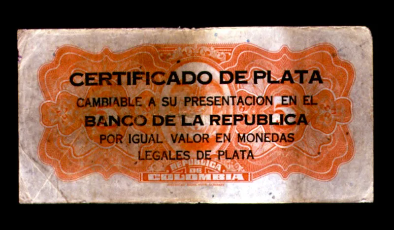 Certificado de Plata. Con ocasión de la crisis económica de los años 30 el Banco de la República emitió estos Certificados de Plata, para reemplazar la moneda acuñada en ese metal.