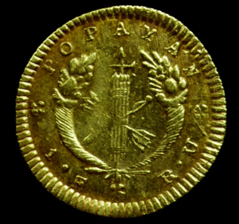 Monedas de la Gran Colombia: un real de plata, Bogot, 1821; ocho escudos de oro, Popayn, 1830. Las monedas de la Gran Colombia, reselladas, siguieron utilizndose en Venezuela y Ecuador una vez disuelta la Repblica.  