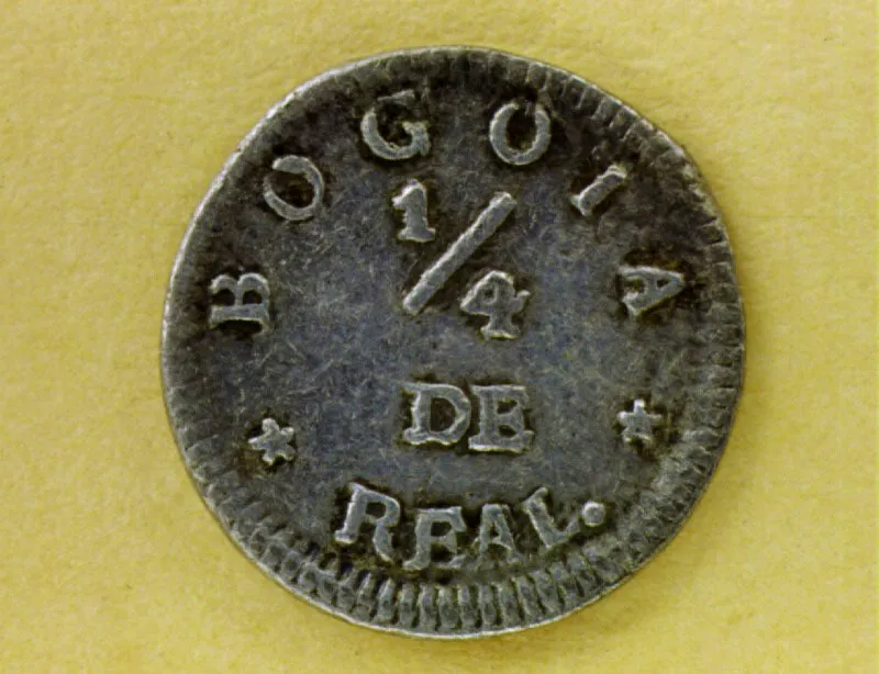 Moneda de un cuartillo de plata, Popayn, 1834. En 1836 el Congreso unific la ley, tipo, valor y denominacin de las monedas de oro y plata de la Nueva Granada. 