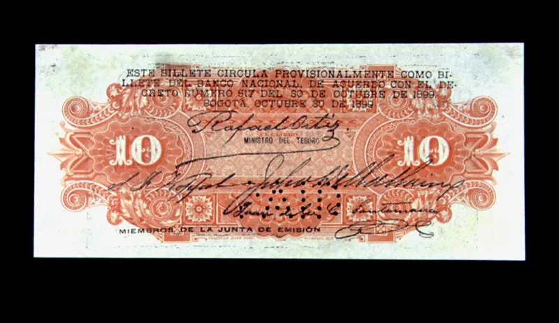 Resello sobre billetes del Banco Nacional para circulación provisional, según decreto del 30 de octubre de 1899.