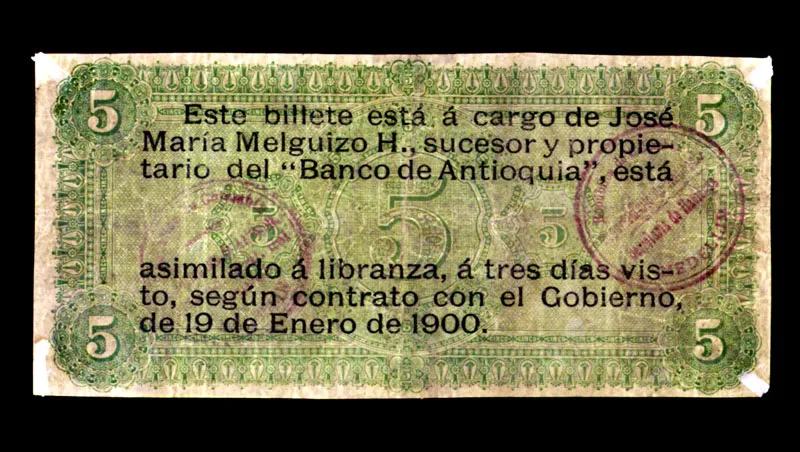 Resello sobre billetes del Banco Nacional para circulación provisional, según decreto del 30 de octubre de 1899.