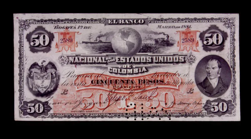 Billete del Banco Nacional, 1881, con alegoría del istmo de Panamá.