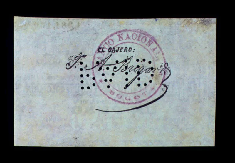 Reverso de un billete del Banco Nacional, con la firma de Juan de Brigard como cajero.