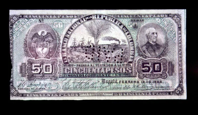 Billete de 50 pesos, del 15 de febrero de 1900, firmado, entre otros, por Salomón Koppel, con el retrato de Manuel Antonio Sanclemente.