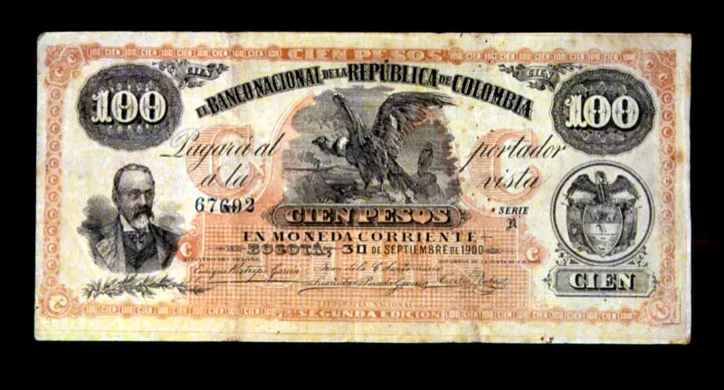 Billete de 100 pesos, del 30 de septiembre de 1900, con el retrato de José Manuel Marroquín.
Este billete aparece emitido por el Banco Nacional en una fecha posterior a su liquidación.