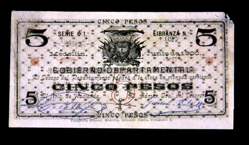 Billete gubernamental emitido durante la Guerra de los Mil Días. La financiación del conflicto mediante una emisión monetaria desbordada, dio lugar a la más grande inflación en la historia de Colombia.