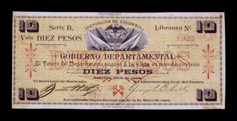 Billete gubernamental emitido durante la Guerra de los Mil Días. La financiación del conflicto mediante una emisión monetaria desbordada, dio lugar a la más grande inflación en la historia de Colombia.