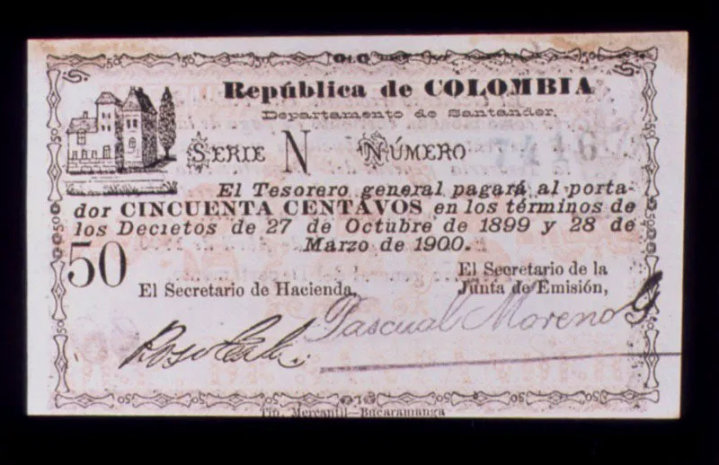 Billete gubernamental emitido durante la Guerra de los Mil Días. La financiación del conflicto mediante una emisión monetaria desbordada, dio lugar a la más grande inflación en la historia de Colombia.