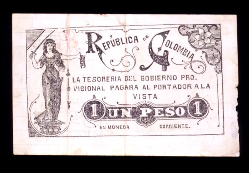 Anverso de billete de 1 peso, emitido por el “gobierno provisional” liberal durante la Guerra de los Mil Días. Ocaña, 1900.