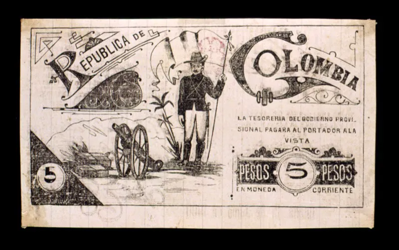 Anverso de billete de 5 pesos, emitido por el “gobierno provisional” liberal durante la Guerra de los Mil Días. Ocaña, 1900.