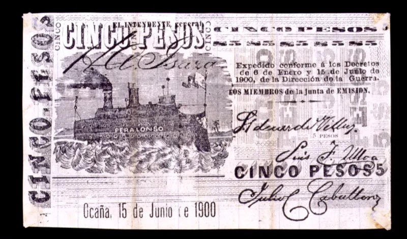 Reverso de billete 5 pesos, emitido por el “gobierno provisional” liberal durante la Guerra de los Mil Días. Ocaña, 1900.