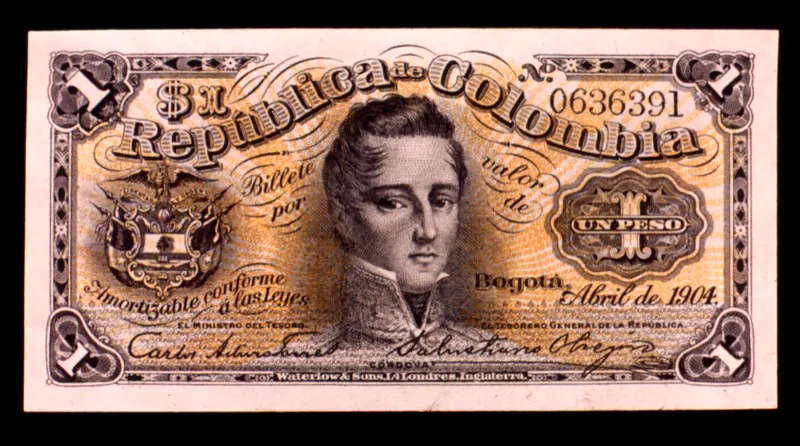 Billete de 1 peso, 1904, firmado por Carlos Arturo Torres, ministro del Tesoro del general Rafael Reyes. 