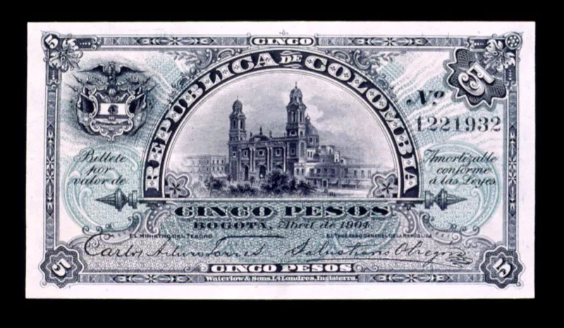 Billetes de 5 pesos emitido durante el gobierno del general Rafael Reyes, antes de la creación del Banco Central.