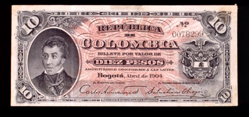 Billetes de 10 pesos emitido durante el gobierno del general Rafael Reyes, antes de la creación del Banco Central.