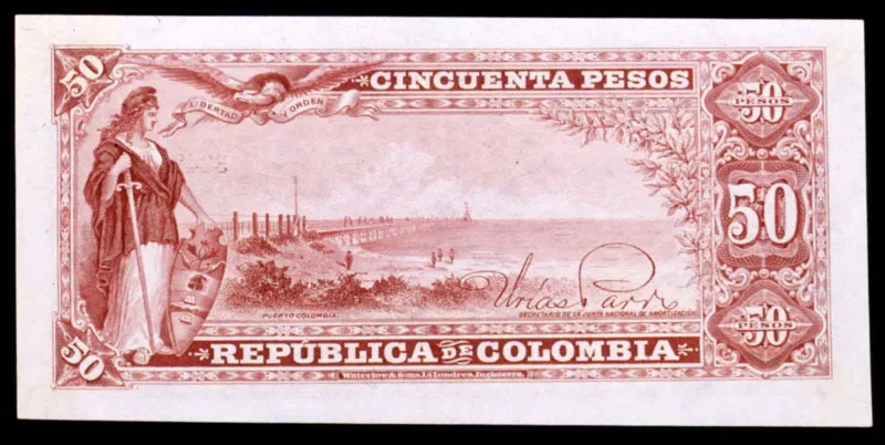 Reverso de un billete de 50 pesos emitido en la administración Reyes. La alegoría utilizada evidencia la intención de la política económica del quinquenio: impulso a la agricultura y a la industria.
