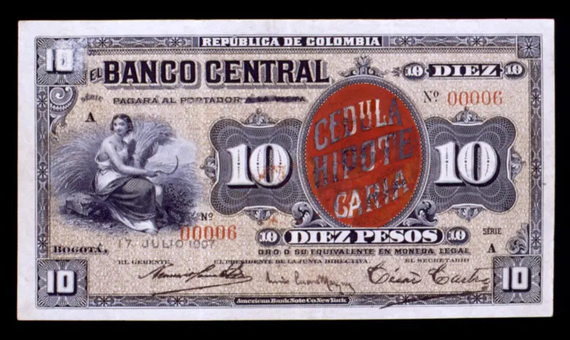 Cédula hipotecaria, emitida por los bancos privados en billetes resellados que originalmente pertenecieron al Banco Central.