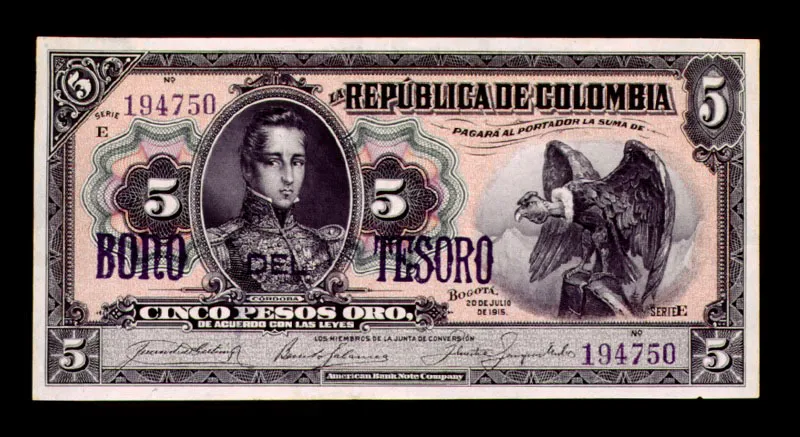 Bono del Tesoro emitido como moneda por la Junta de Conversión en virtud de la ley 6ª y el decreto 169 de 1922. El billete original corresponde a uno de los mandados a imprimir en 1915 por la Junta de Conversión.