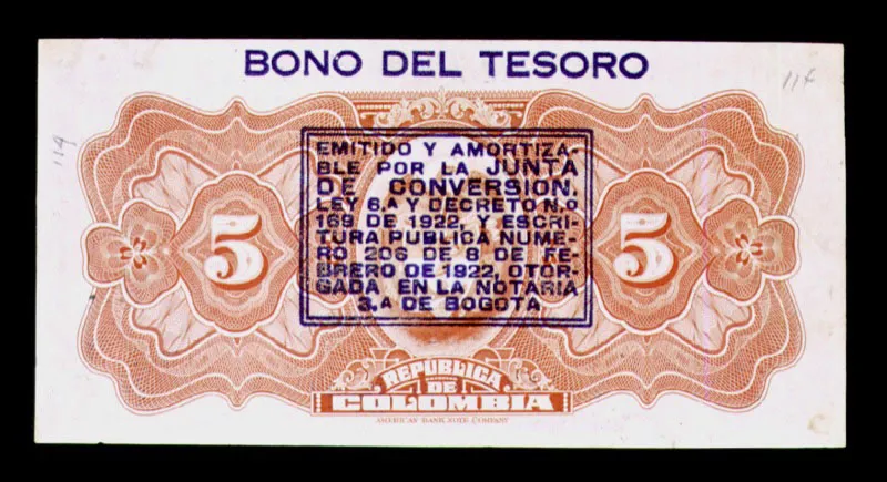 Bono del Tesoro emitido como moneda por la Junta de Conversión en virtud de la ley 6ª y el decreto 169 de 1922. El billete original corresponde a uno de los mandados a imprimir en 1915 por la Junta de Conversión.