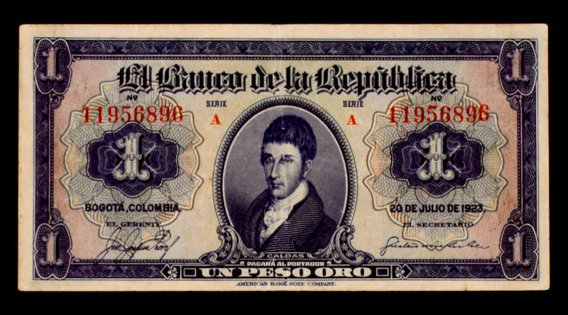 Billete de 1 peso. Primera edición del Banco de la República, 20 de julio de 1923, firmada por José Joaquín Pérez, Gerente, y Gustavo Michelsen, secretario. Los billetes de esta denominación circularon entre 1923 y 1974.