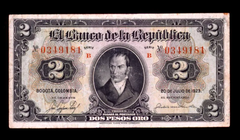 Billete del Banco de la República de 2 pesos. Los billetes de esta denominación circularon entre 1923 y 1977.