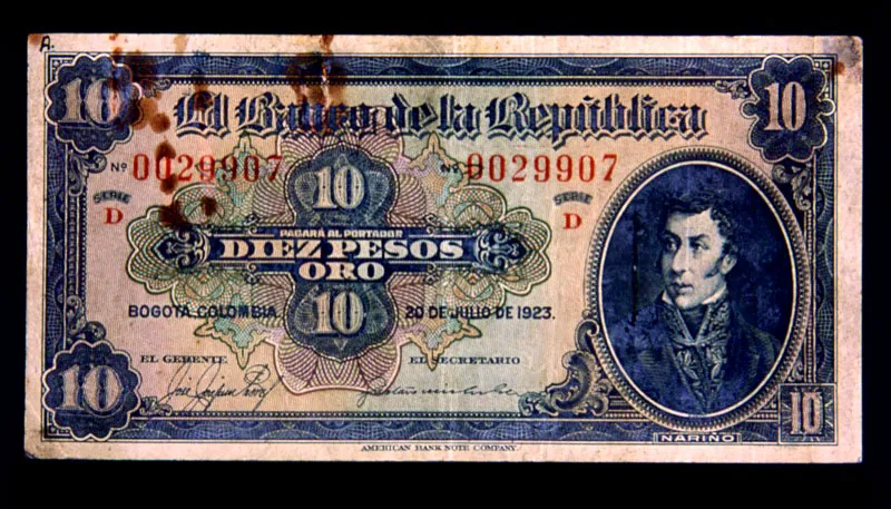 Billete de 10 pesos, emisión de 1923. Los billetes de esta denominación circularon entre 1923 y 1980.
