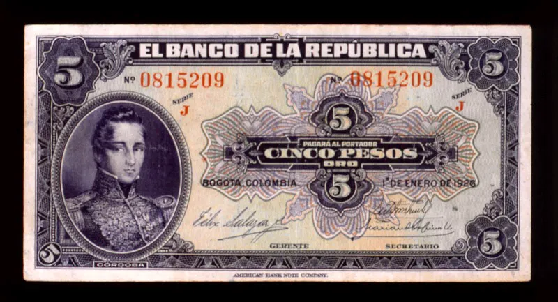 Billete de 5 pesos, emisión de 1923. Los billetes de esta denominación circularon entre 1923 y 1981.