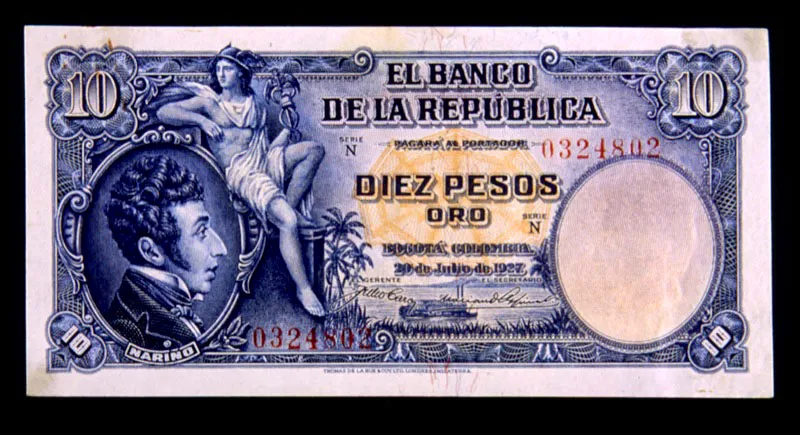 Billete de 10 pesos, emisión de 1927. Los billetes de esta denominación circularon entre 1923 y 1980.