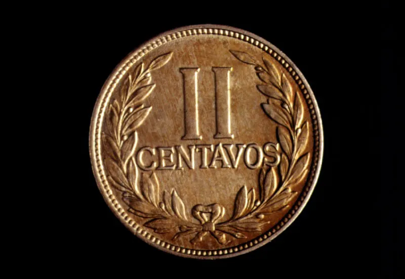 Moneda de II centavos emitida por la Tesorería General de la Nación. Debido a que durante la Segunda Guerra Mundial no fue posible importar níquel estas monedas se acuñaron en cobre prácticamente puro desde mitad de los años 40.
